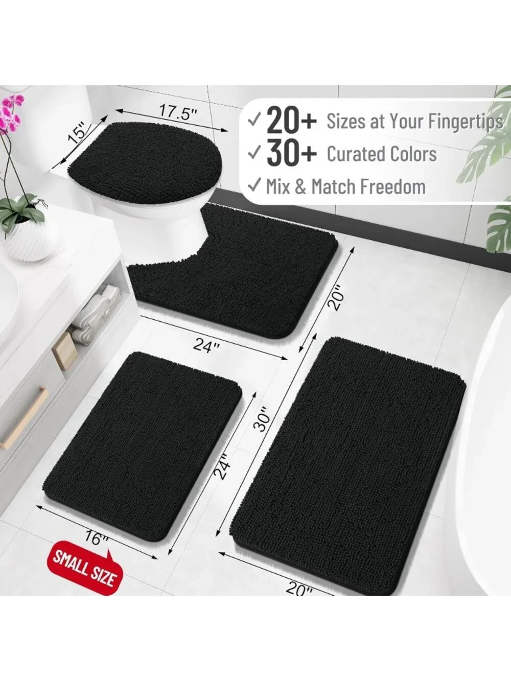 New Bathroom Rugs 24x16, Soft Absorbent Chenille Bath Mats, Quick Dry, Black